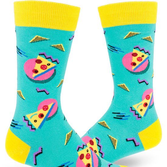Men's crew socks in teal with yellow accents and 1980s style geometric pizza design.