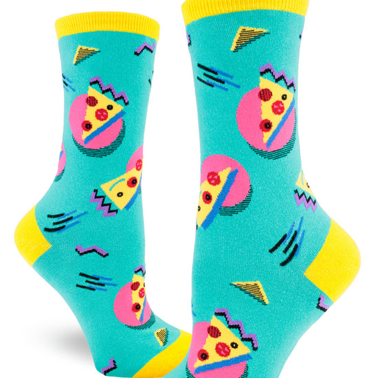 Teal crew socks for women with 1980s design of pizza slices and geometric shapes.