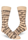 Cream crew socks for men with sheet music design.