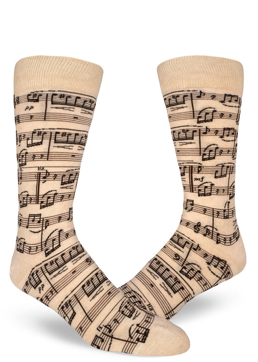Cream crew socks for men with sheet music design.