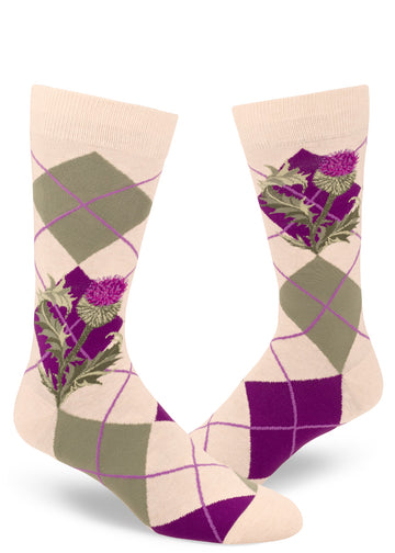 Cream crew socks for men with green and purple argyle pattern and purple thistle flowers.