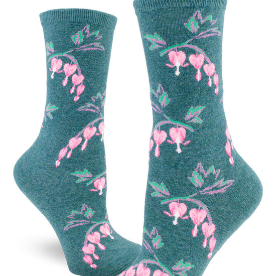 Teal crew socks for women with pink bleeding heart flowers.
