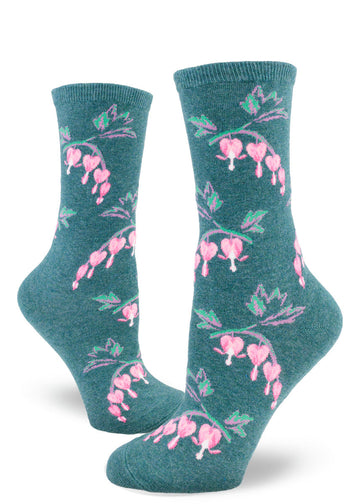 Teal crew socks for women with pink bleeding heart flowers.