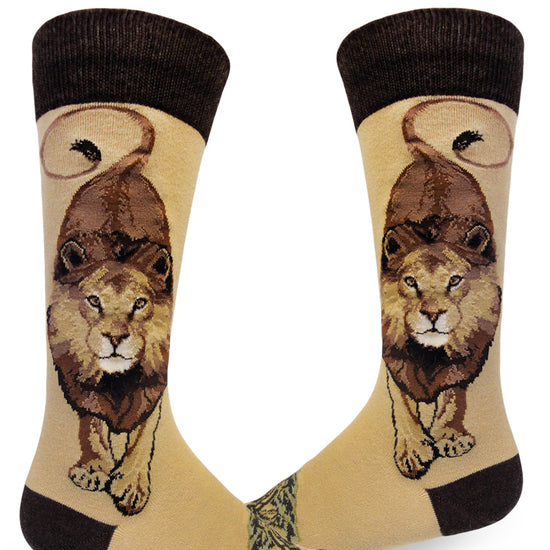 Light brown crew socks for men with large lions facing forward and dark brown heel, toe and cuff.