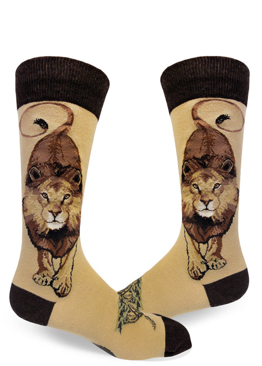 Light brown crew socks for men with large lions facing forward and dark brown heel, toe and cuff.