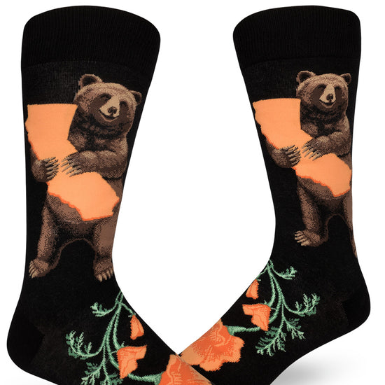 Black crew socks for men with brown bears holding up an orange outline of California state along with large California poppies below.