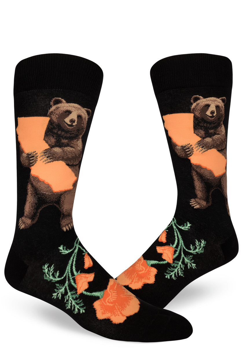 Black crew socks for men with brown bears holding up an orange outline of California state along with large California poppies below.