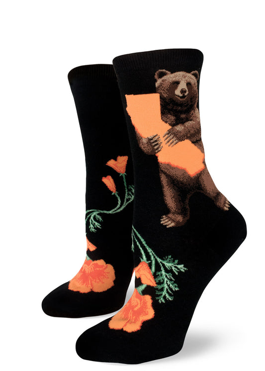 Black crew socks for women with brown bears holding orange outlines of California above orange California poppies.