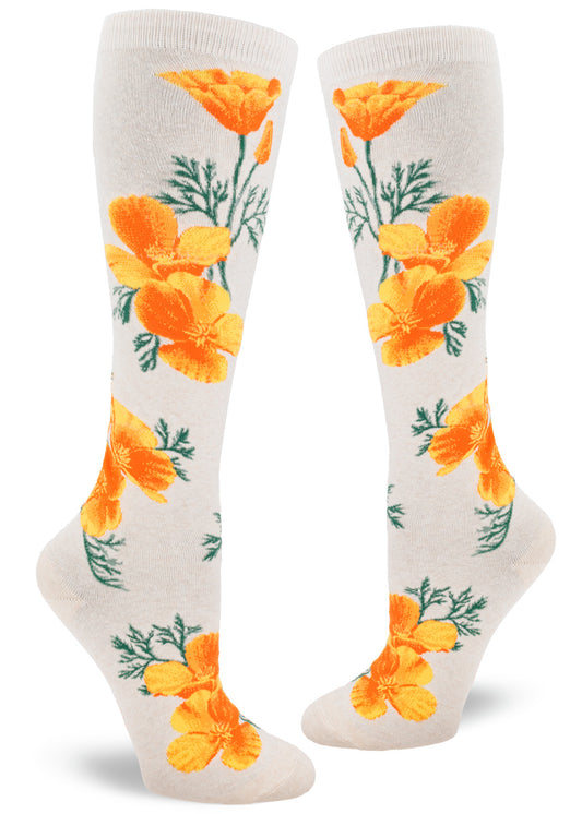 Cream knee socks with bright orange California poppy design of large flowers and green foliage.