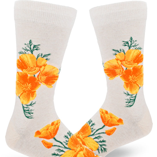 Cream crew socks for men with large realistic orange California poppy flowers.