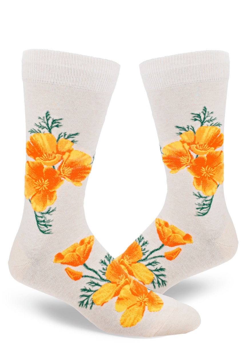 Cream crew socks for men with large realistic orange California poppy flowers.