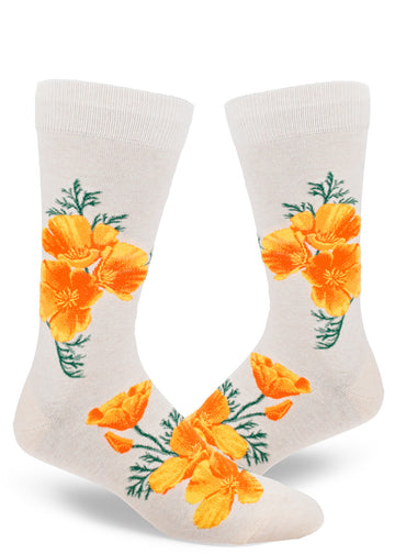 Cream crew socks for men with large realistic orange California poppy flowers.