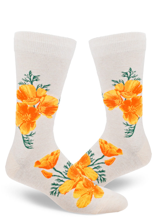Cream crew socks for men with large realistic orange California poppy flowers.