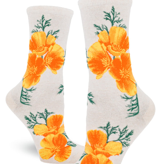 Cream crew socks for women with bright orange California poppies.