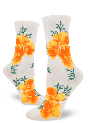 Cream crew socks for women with bright orange California poppies.