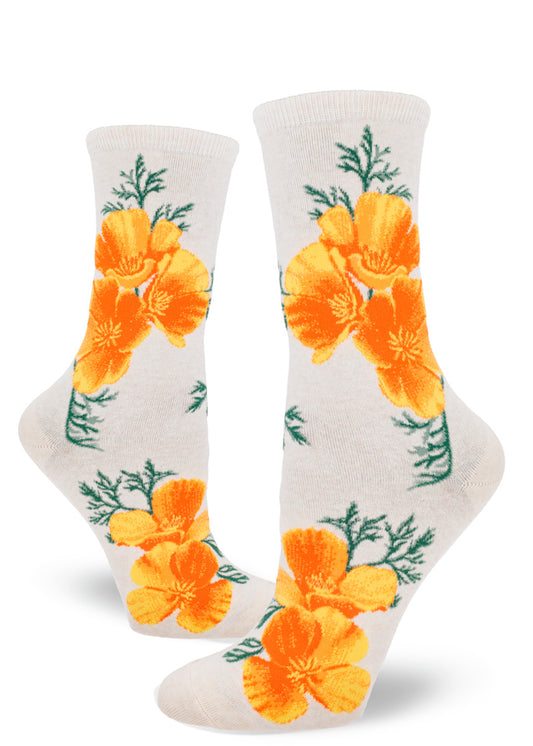 Cream crew socks for women with bright orange California poppies.