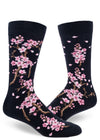 Dark navy crew socks for men with pink cherry blossoms on branches.