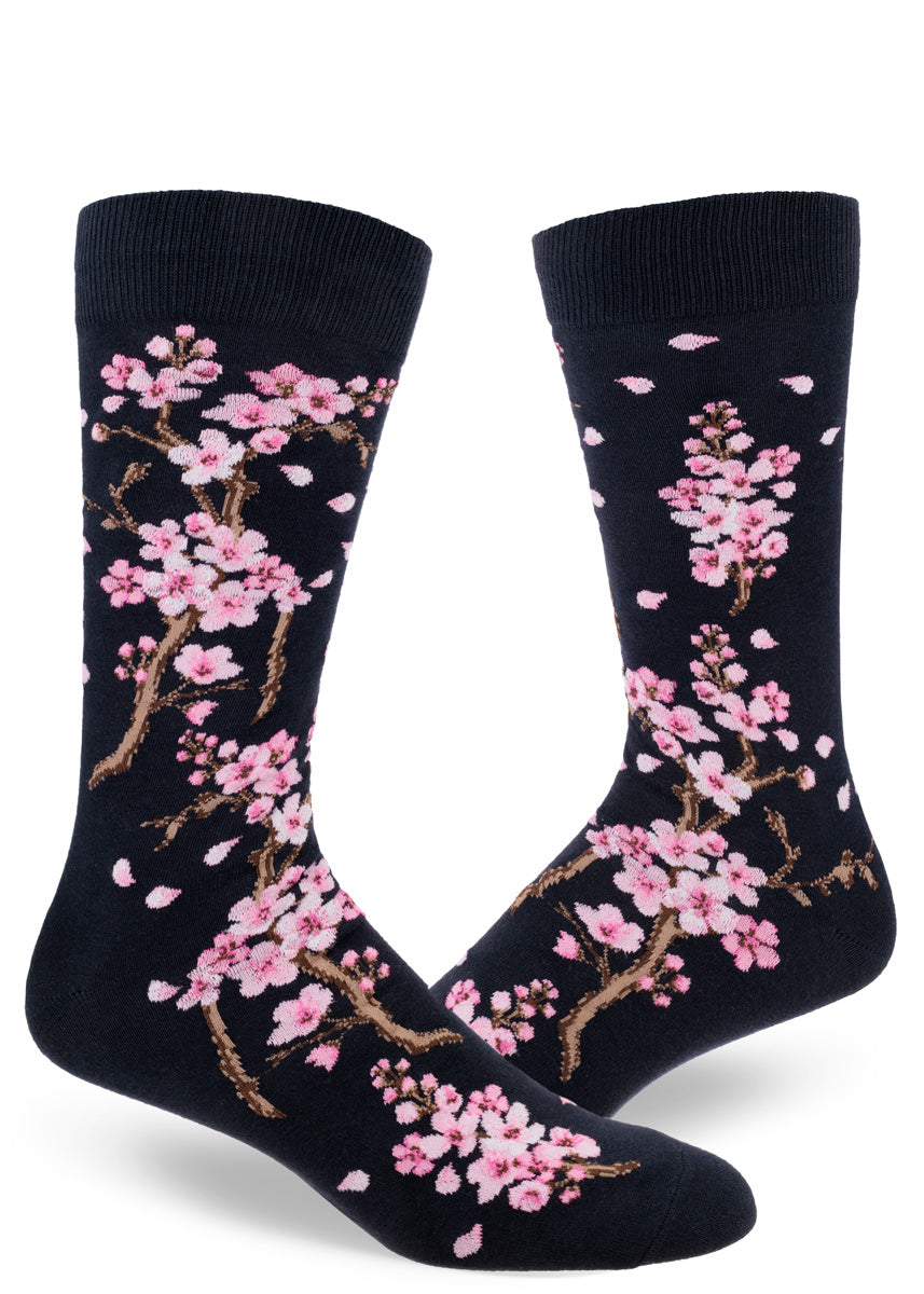 Dark navy crew socks for men with pink cherry blossoms on branches.