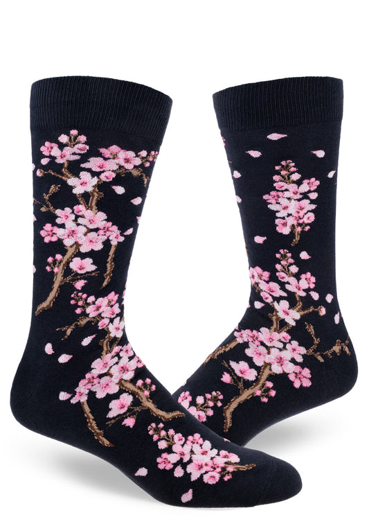 Dark navy crew socks for men with pink cherry blossoms on branches.