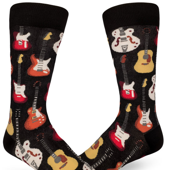 Black crew socks for men with multicolored electric and acoustic guitars in allover repeating patten.