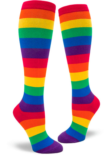Knee-high rainbow socks with bright colored stripes.