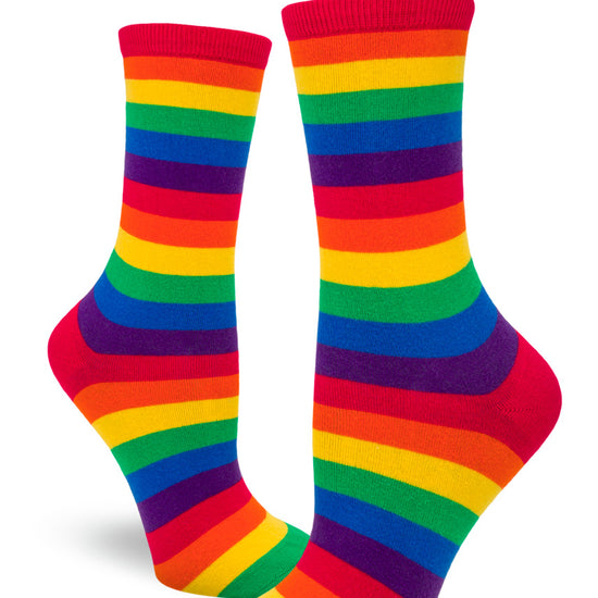 Women's crew socks with rainbow stripes in bold bright colors.