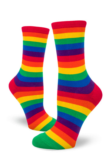 Women's crew socks with rainbow stripes in bold bright colors.