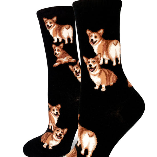 Black crew socks for women with corgis showing their butts and panting.
