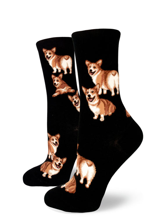 Black crew socks for women with corgis showing their butts and panting.