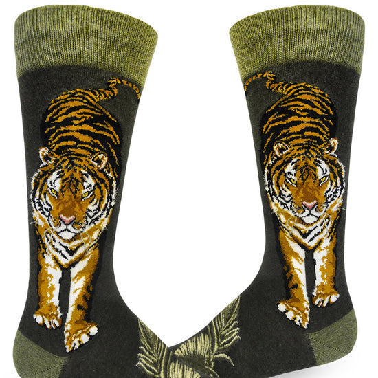 Green crew socks for men with large tiger on each side.
