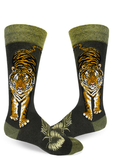 Green crew socks for men with large tiger on each side.