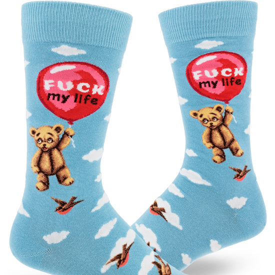 Blue crew socks for men with teddy bears floating from red balloons that say. "Fuck My Life" surrounded by birds and white clouds.