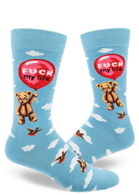 Blue crew socks for men with teddy bears floating from red balloons that say. "Fuck My Life" surrounded by birds and white clouds.