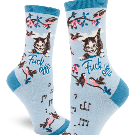 Light blue crew socks for women with the words "Fuck Off" and gray kittens, birds singing music notes and pink flowers.