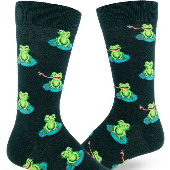 Dark green men's crew socks with allover repeating pattern of green frogs on lily pads, some with their tongues out to catch flies.