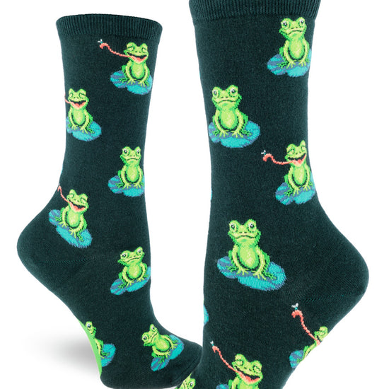 Green crew socks for women with green frogs on lily pads in allover repeating pattern.