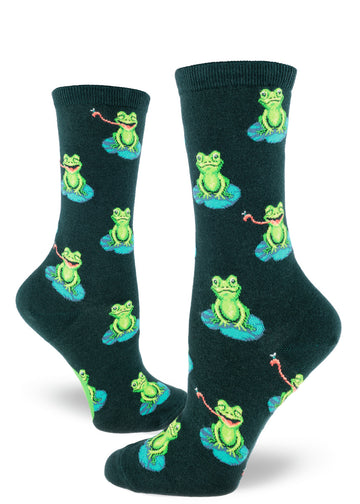 Green crew socks for women with green frogs on lily pads in allover repeating pattern.