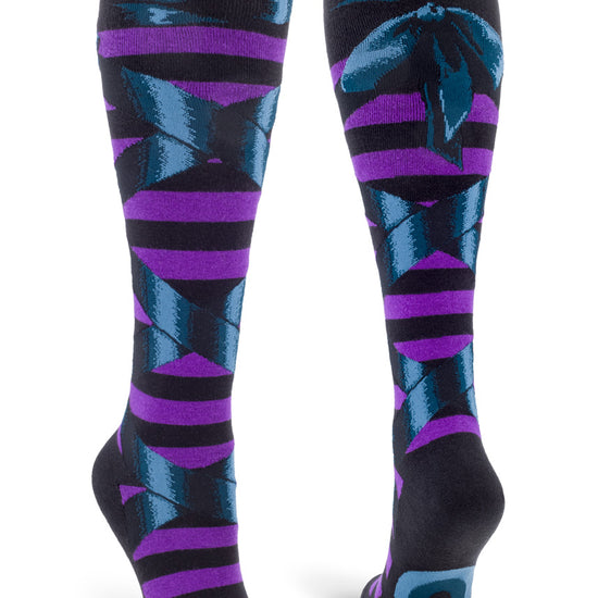 Witchy knee socks with a black and purple stripe pattern topped with black faux lace-up ribbon wrap.