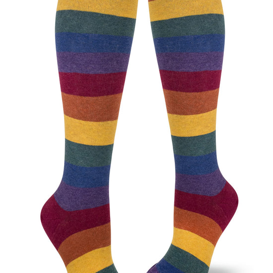 Striped knee socks with dark rainbow colors.