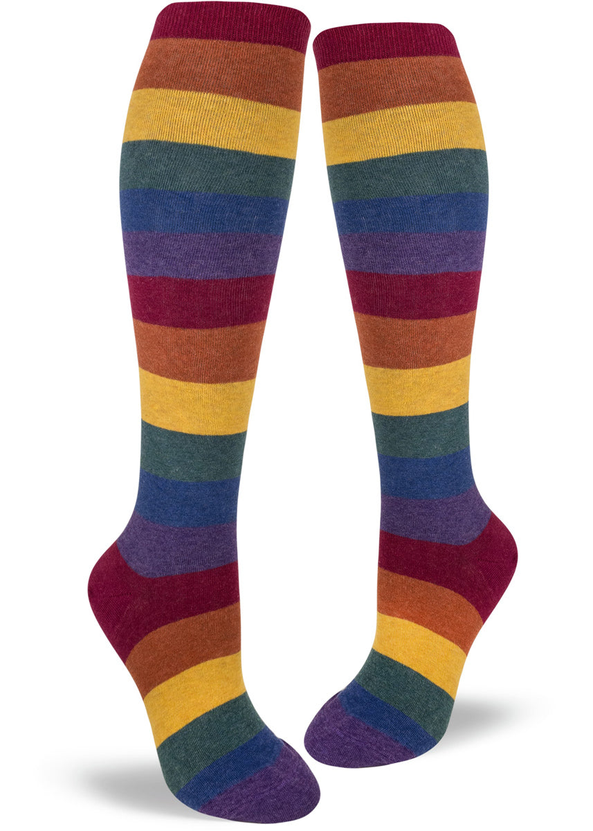 Striped knee socks with dark rainbow colors.