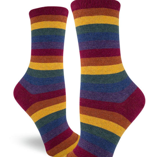 Striped crew socks for women with muted rainbow tones in dark heather colors.