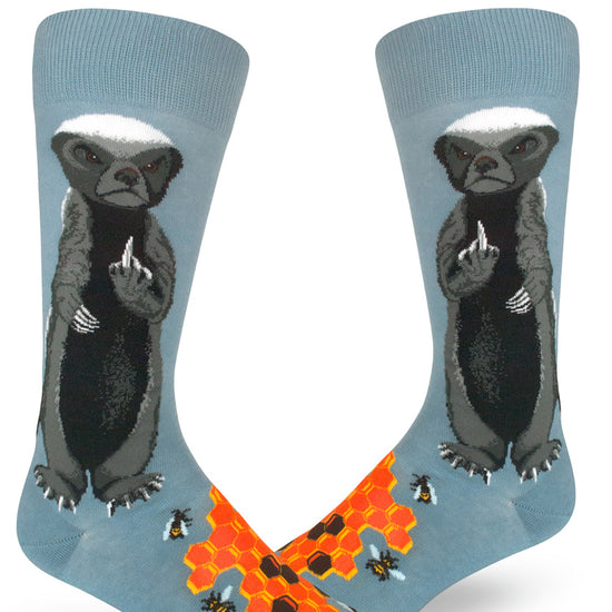 Blue socks for men with angry honey badgers flipping the bird, with bees and honeycomb.