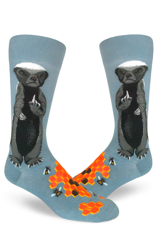 Blue socks for men with angry honey badgers flipping the bird, with bees and honeycomb.