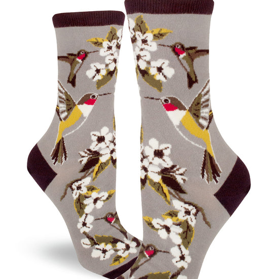 Gray crew socks for women with red-throated hummingbirds and white flowers.