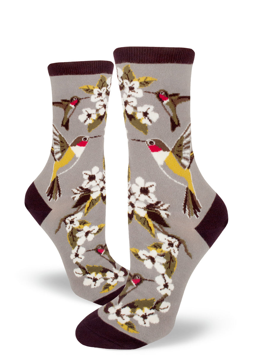 Gray crew socks for women with red-throated hummingbirds and white flowers.