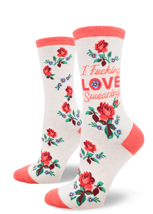 Cream crew socks for women with red accents and the words "I Fucking Loe Swearing" with red roses and blue forget-me-not flowers.