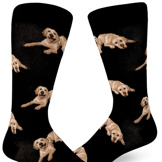 Black crew socks for men with yellow Lab dogs lying down.