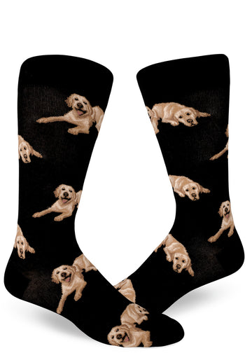 Black crew socks for men with yellow Lab dogs lying down.
