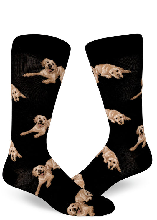 Black crew socks for men with yellow Lab dogs lying down.