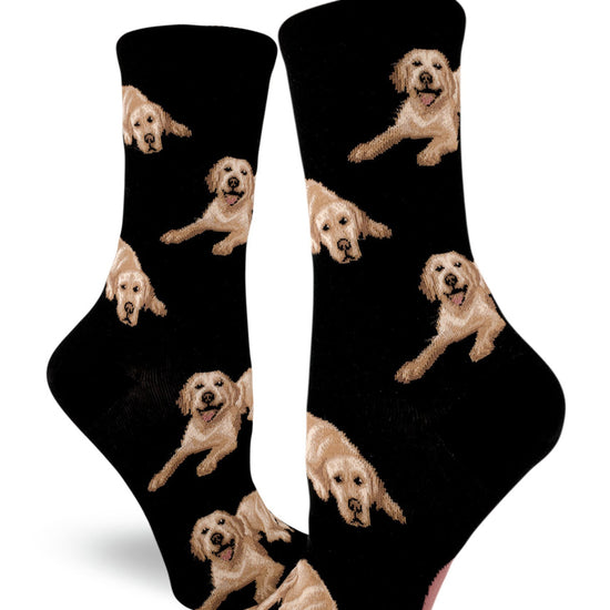Black crew socks for women with yellow Labrador retrievers in various poses.